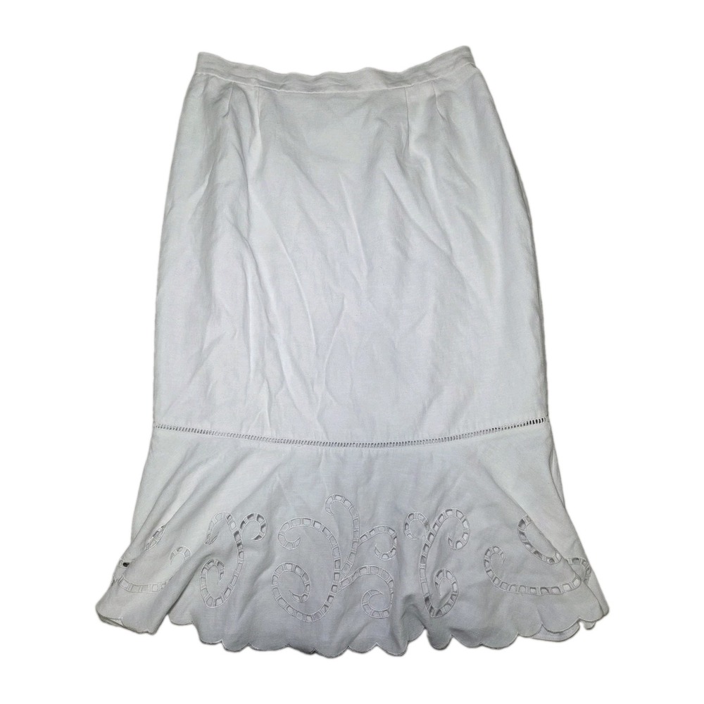 White Linen Blend Embroidered Midi‎ Skirt Women's 16W Scalloped Hem Cottagecore
